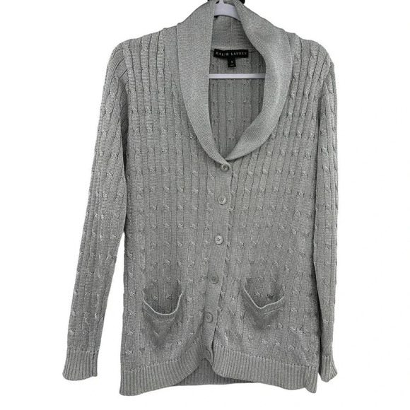 Ralph Lauren Black Label Metallic Silver Cardigan Sweater Size Medium - Picture 2 of 12